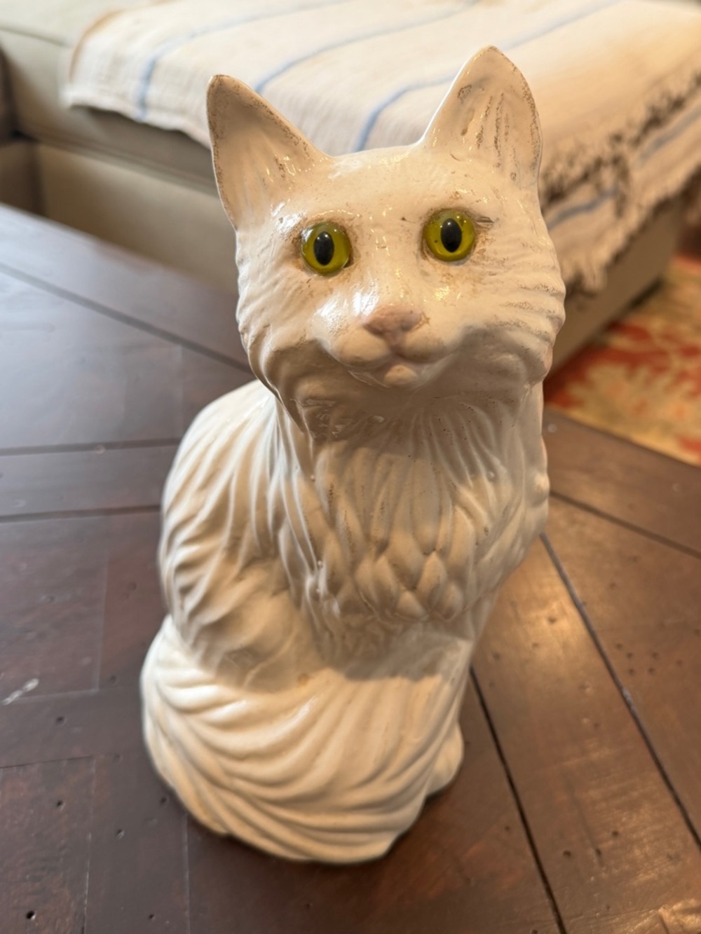 Vintage White Ceramic Cat Figurine with Green Glass Eyes